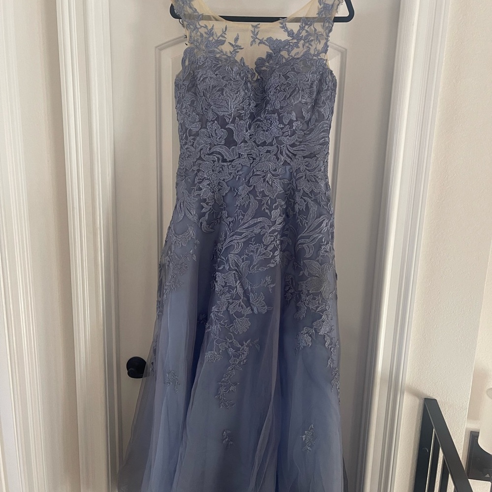 JJs House Dusty Blue Lace A-Line Prom Dress